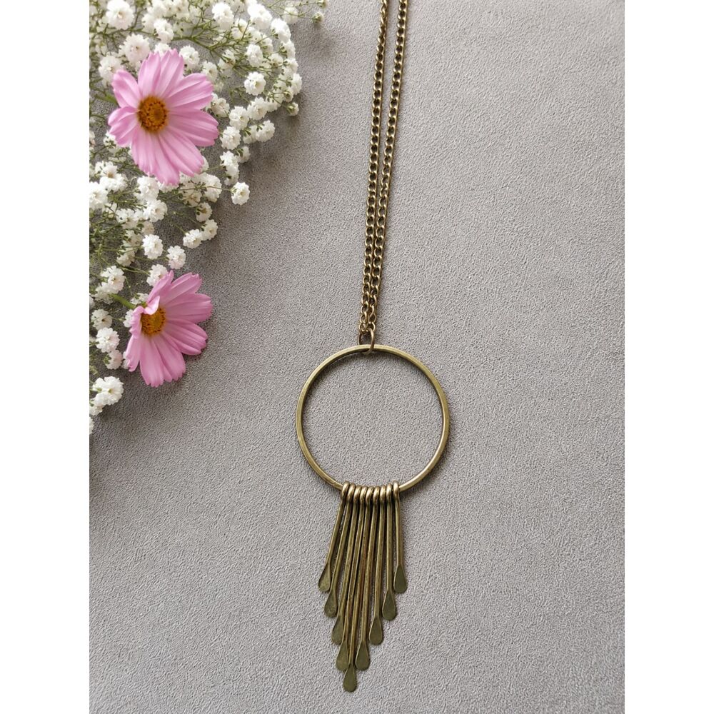 Vintage Gold Tone Long Fringe Tassel Circle Pendant Necklace Boho Geometric Chai